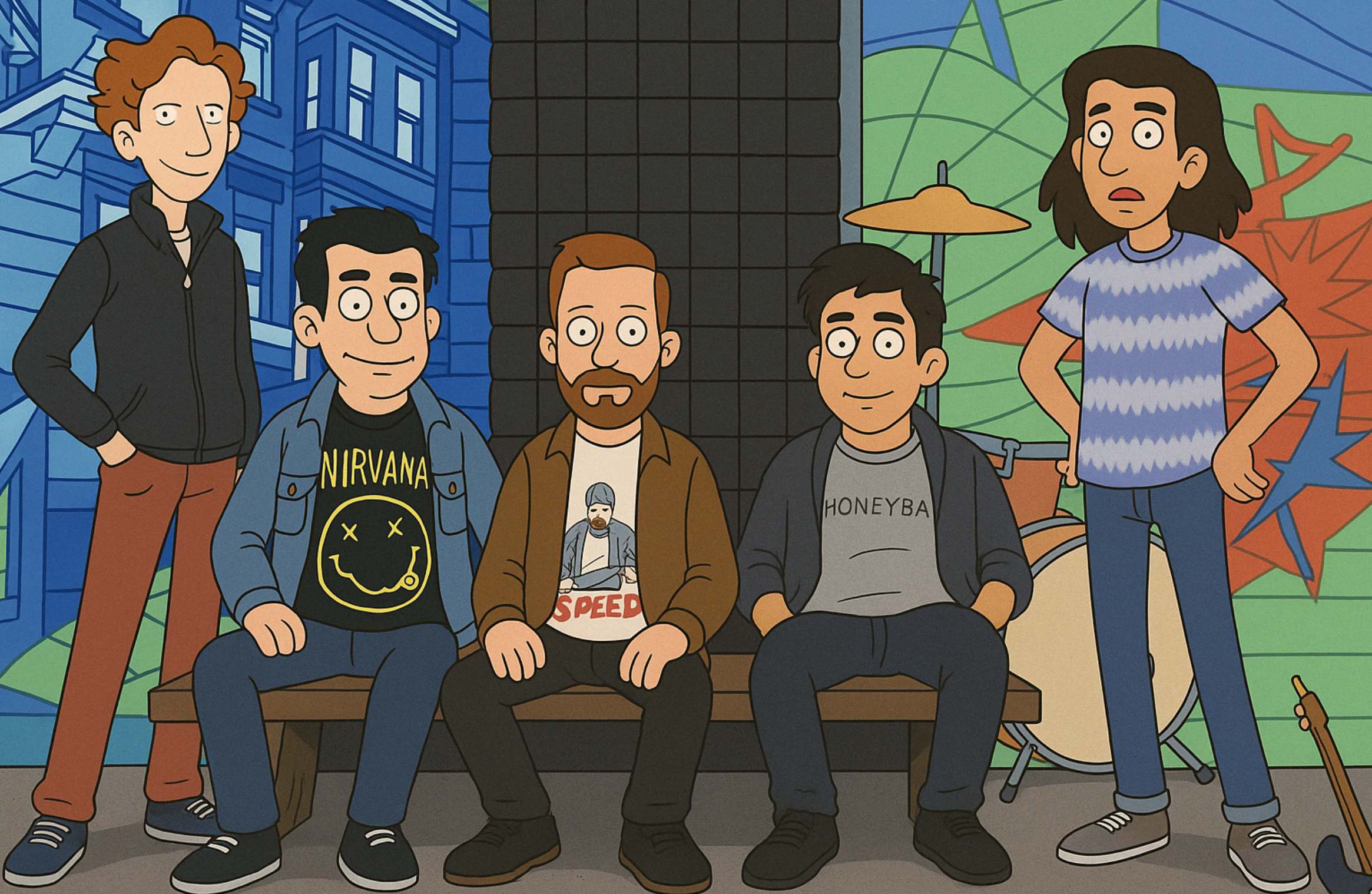 Discmen band members illustrated in cartoon style